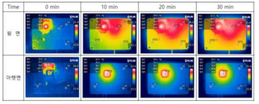 발열체 6V 인가 후 변화되는 열분석 패턴 (발열체 온도범위 : 50~70℃, N020 소재 하우징)