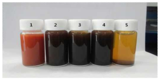 철 전구체 몰비에 따라 제조된 sample 1(α -Fe2O3), sample 2~4(γ-Fe2O3), sample 5(Fe3O4) 이 각각 형성된 RGO