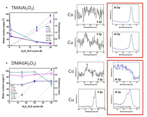 TMA와 DMAI를 활용한 공정에서 CA, 두께 그래프와 XPS 데이터