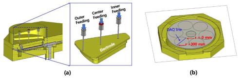 시뮬레이션에 사용된 (a) 전극의 RF Feeding 위치 (Outer Feeding, Center Feeding, 그리고 Inner Feeding), (b) 전기장 데이터 acquisition line 및 위치