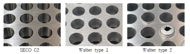 (b) 공구형상에 따른 CFRP/Al stack 드릴링 출구부 비교 (Al 홀출구부)SECO C2, Walter type 1, Walter type 2