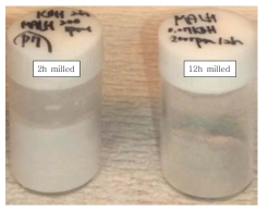 Mg(NH2)2 + 2 LiH + 0.07 KOH 의 2시간, 12시간 밀링 샘플의 색상 비교