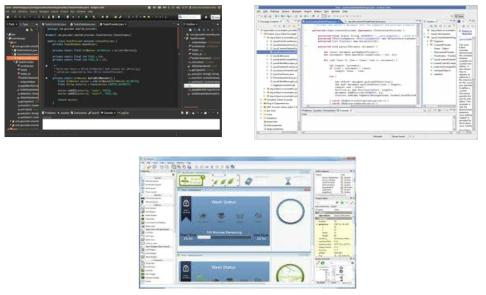 각종 상용 통합개발환경 화면 (왼쪽 위부터 차례대로 Visual Studio, Eclipse, Qt)