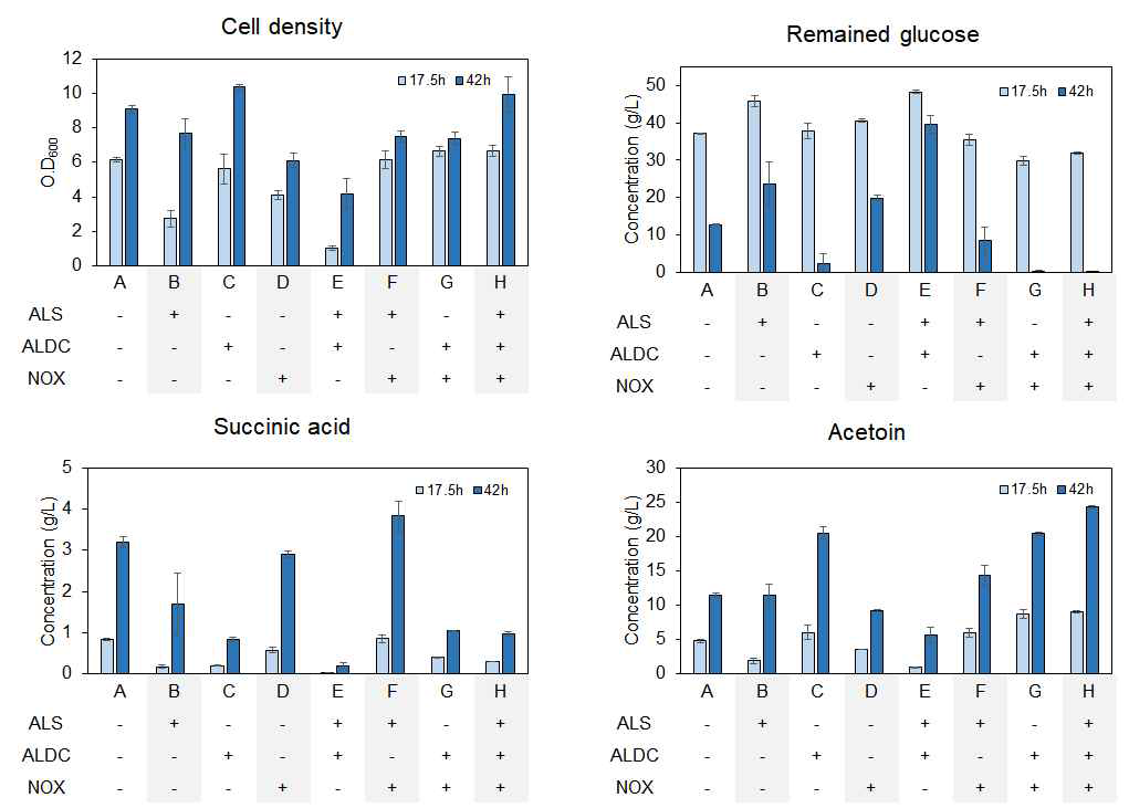 아세토인 생산 관련 효소 (ALS, ALDC, NOX)의 추가 발현에 따른 아세토인 생산능 비교