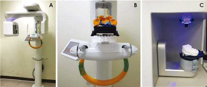 CBCT 장비(A), 인상체 스캔 과정(B), Extraoral scanner를 이용한 석고 모형 스캔 과정(C)