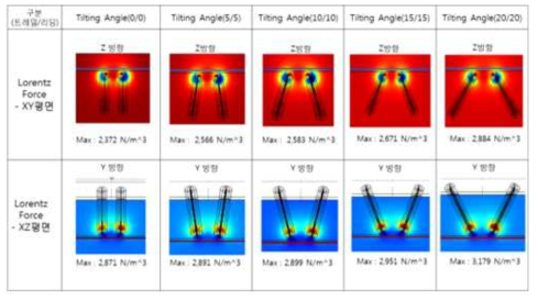 텐덤 공정의 전극 이송각 변화에 따른 로렌츠힘 계산
