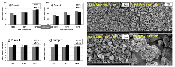 분무건조의 건조 조건에 따른 CNF 분말 고형분 함량과 SEM 이미지