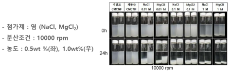 염의 종류와 투입량에 따른 재분산 CNF 현탁액의 침전양상