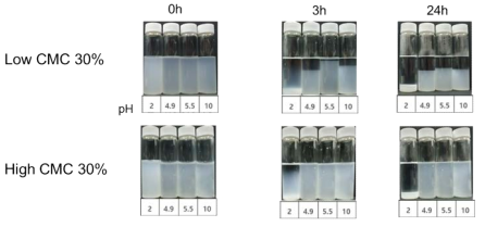 CMC 투입 후 분무건조한 CNF의 pH에 따른 재분산 현탁액 침전양상