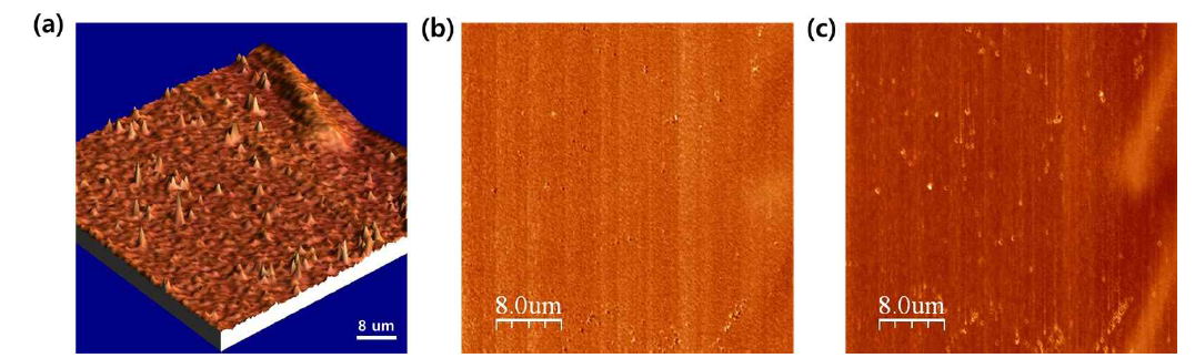 테이프 탈부착으로 생긴 표면 유기물을 관측한 초음파 AFM의 (a) rms (b) phase (c) 3D 변환 phase 데이터