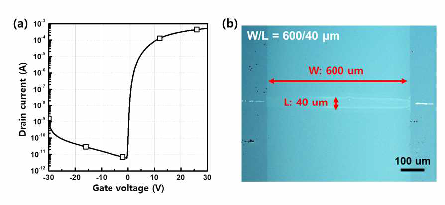 (a) 반도체 channel 영역의 width, length 제어를 통해 최적화한 ITO 박막트랜지스터 전달 특성 (b) 구별된 channel 영역의 광학 현미경 이미지