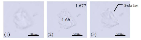 1.677의 굴절률을 가지는 ZrO2 분산액에 둘러싸인 굴절률 1.66 시편을 (1) 초점거리보다 가까운 위치, (2) 초점거리, (3) 초점거리보다 먼 위치에서 관찰한 결과