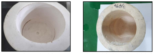 전주내화물(ZrO2 34 wt%)의 유리 용융 전후 내화물 상태의 비교