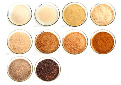 유리분 제조용 원료 내의 철분 함량에 따른 착색 정도 비교