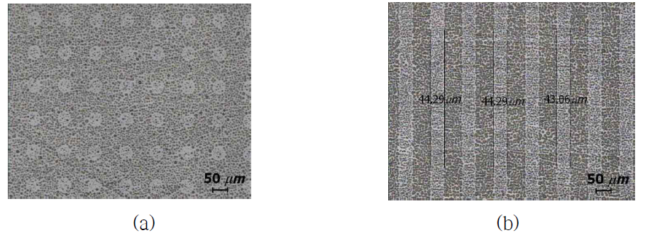 1pl (Φ10 ㎛) 잉크젯 헤드를 사용한 FC 인쇄 이미지; (a) 점 패턴, (b) 선형 패턴