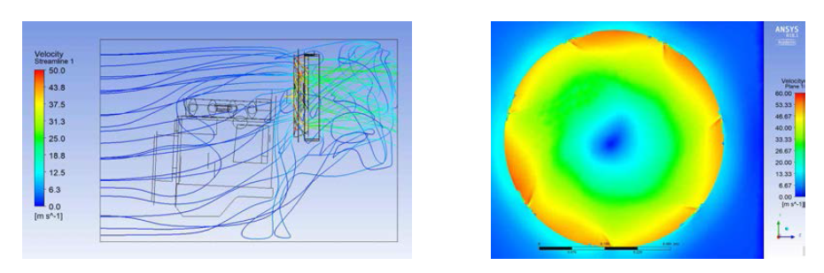 엔진룸 내부 속도벡터 및 팬 입구 속도분포