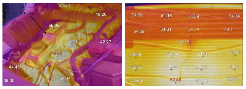 열화상 카메라 측정 온도 (좌)엔진, (우)열교환기