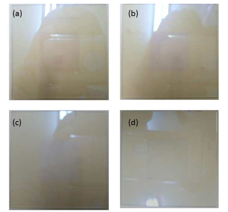 AlN 박막 증착 시간에 따른 ITO glass 표면사진(a:30분 b:60분, c:90분, d:120분)