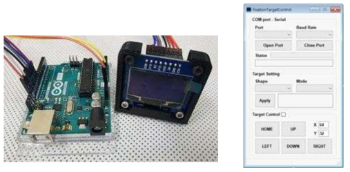 좌) Fixation target 모듈 하드웨어 구성, (우) 독립 구동 실행 프로그램의 화면