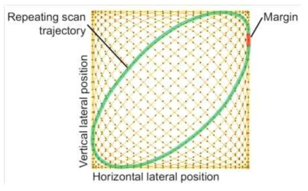 Example set of repeating scans in the modified Lissajous scanning pattern. The probe beam scans the green trajectory multiple times and the scan set is called the “repeat-cycle-set.” The red line indicates the trajectory that connects the repeating cycles, and is called the “margin.”