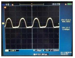 400kHz swept source의 파장 가변 속도를 보여주는 오실로스코프의 화면