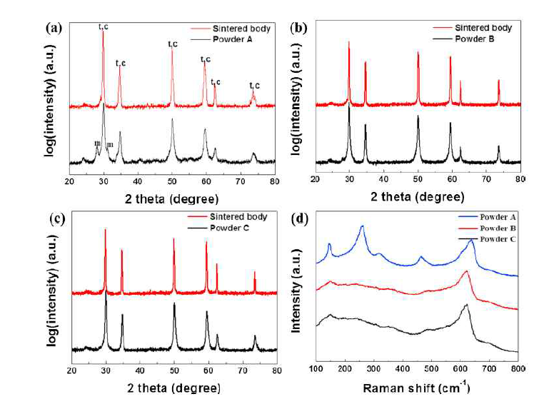 원료분말, 소결체의 XRD 및 라만 분석 결과