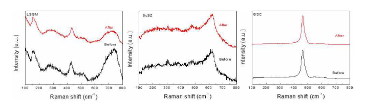 전류인가 시험 전/후 Raman 분석 결과 (LSGM, ScSZ, GDC)