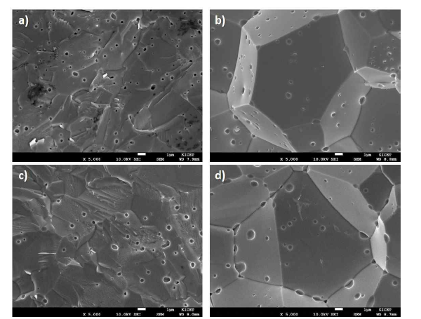 염욕테스트 후 8YSZ 샘플 단면(a)국산 가압성형시편, (b) 국산slip-casting 시편, (c) 일본산 가압성형시편, (d) 일본산 slip-casting 시편