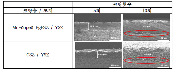 브러싱법에 의한 코팅횟수별 코팅층 비교