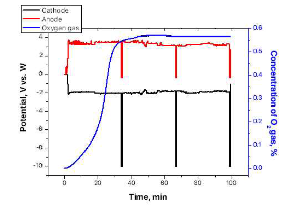 Cu rod 음극 사용 시 기록된 발생 산소 가스농도와 각 전극 전위
