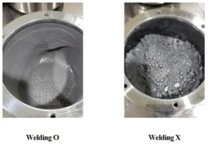 분산제, 분위기 영향에 따른 AlCrFe 분말의 welding 현상에 관한 사진: 왼쪽 - 분산제 미첨가, Air 분위기, 오른쪽 – 분산제 첨가, Argon 분위기