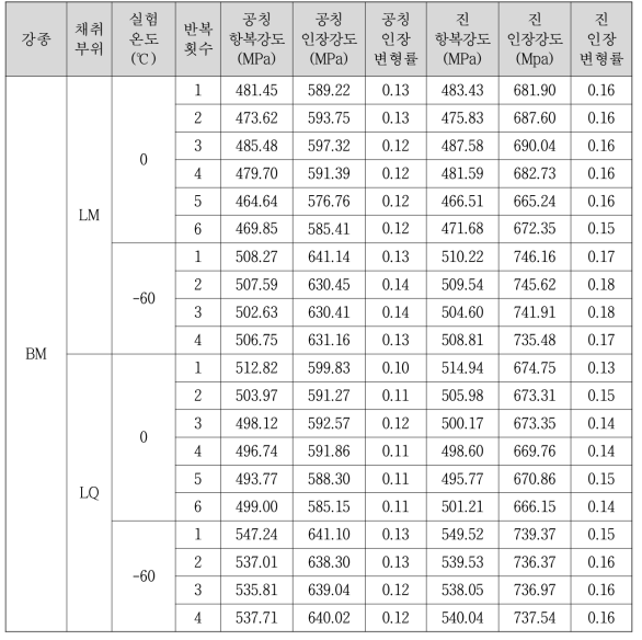 BM 준정적 인장 실험 결과