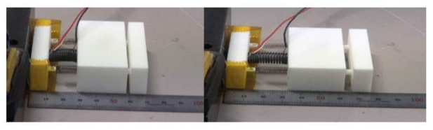 SMA 구동기 모듈 작동 전(왼쪽)과 작동 후(오른쪽) 결과