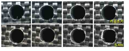CFRP 가공 후 홀 이미지(왼쪽부터 0.8, 1.3, 2.3, 4.2㎛ 텅스텐카바이드를 이용하여 제작된 공구를 사용하여 가공한 CFRP 홀 품질)