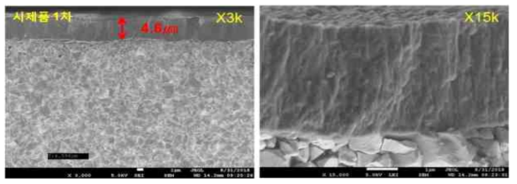 시제품 1차 End mill의 단면 SEM 이미지(왼쪽 3K, 오른쪽15K배율)