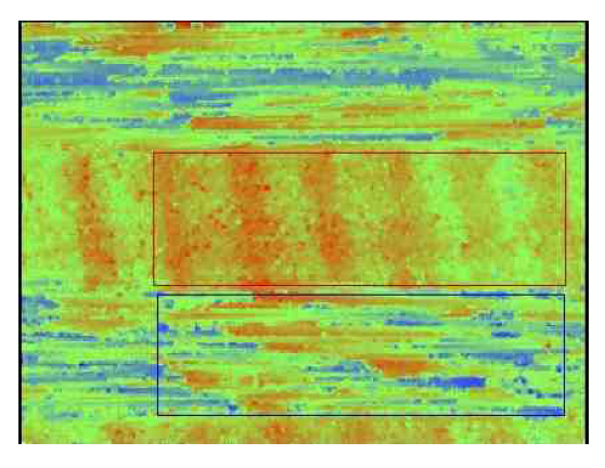 나노 스캔을 통한 표면 분석 결과(빨간 네모부분이 엔드밀의 이송과 90°인 층, 파란부분은 0°인 층)