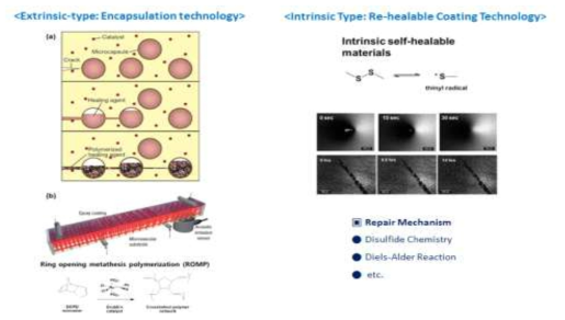 외인성 및 내인성 스마트 스크래치 자기치유 코팅 기술의 예