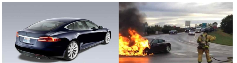 테슬라 전기차 모델 S 및 사고직후의 발화영상