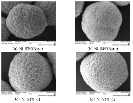 Ni 함량별, 첨가제 적용유무에 따른 대입경 양극활물질의 형상 변화 SEM images