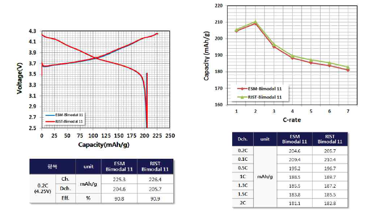 EB제품과 RB 제품의 초기 용량 측정결과 및 율속 특성 측정 결과