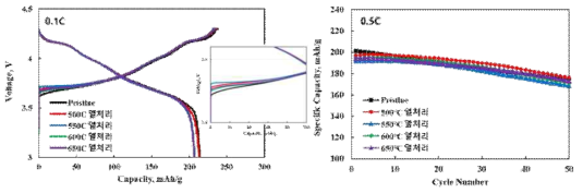 SrHPO4를 적용한 NCM 양극활물질의 열처리 온도에 따른 충방전 및 수명시험 결과