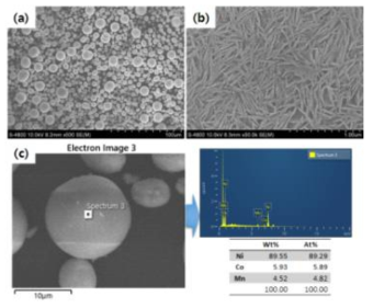 Ni 90% 함량의 KERI 제조 전구체의 FE-SEM 이미지 (a), (b)와 EDS 데이터 (c)