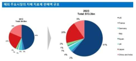 *자료원 : Globaldata, Global Sales by Region (2013년 기준, Market Share 1.0% = 500억원)