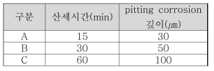 산세시간에 따른 pitting corrosion 진행 거동 분석 결과