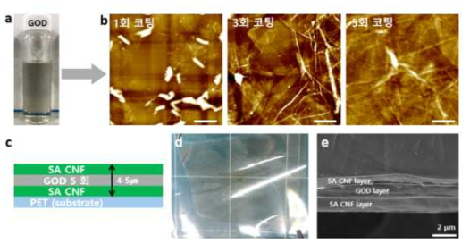 (a) 제조된 GOD 분산액, (b) 제조된 GOD를 각각 1회, 3회, 5회 코팅했을 때의 AFM 이미지(scale bar: 1 μm), (c) SA CNF 100P와 GOD의 복합 코팅 개략도, (d) SA CNF 100P와 GOD로 이루어진 코팅 필름, (e) 코팅 필름의 단면 SEM