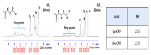 1H NMR 스펙트럼 및 발레르 산 (Va-CNF) 및 헥사 노산 (He-CNF)에 의한 변형 된 CNF의 치환도 (실온, 60 분)