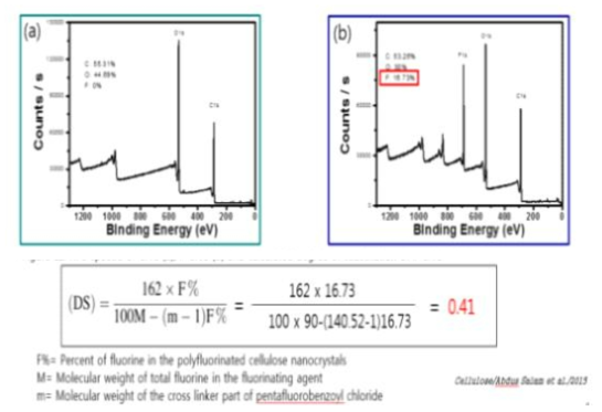 CNC (a), F-CNC (b)의 XPS 스펙트럼 및 계산 된 F-CNC 대체도