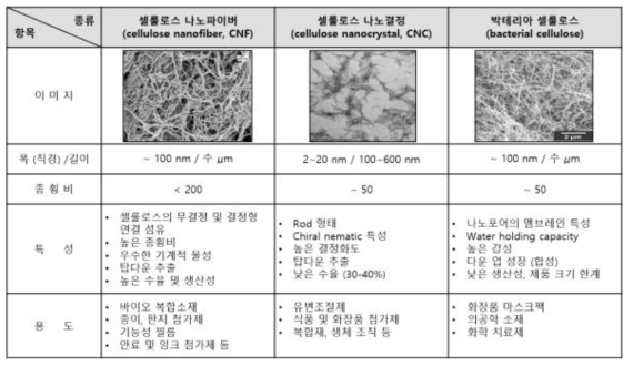 셀룰로오스 나노파이버의 종류 및 특성