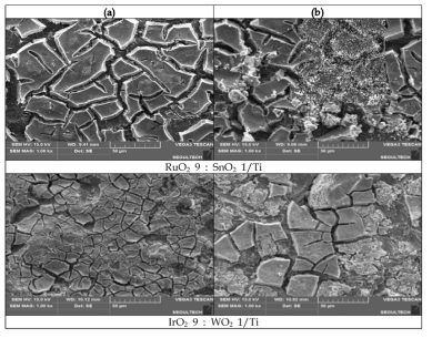 Surface of (a) the RuO2 9 : SnO2 1/Ti, IrO2 9 : WO2 1/Ti electrode before and (b) after accelerated lifetime test