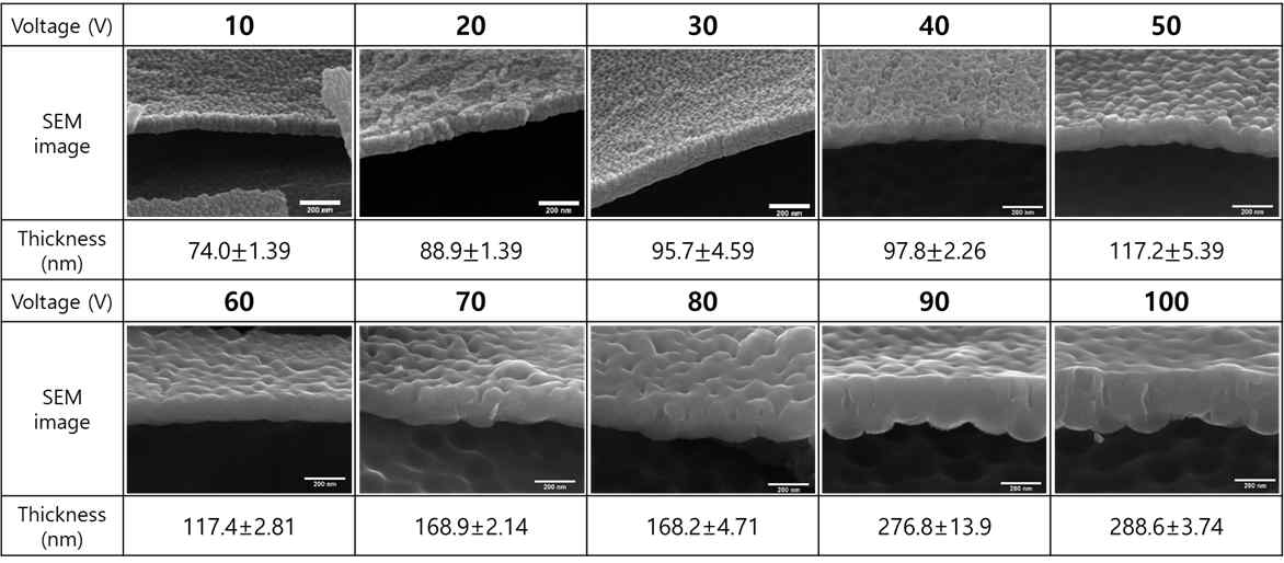 아노다이징 전압(V)에 따른 TiO2 nanopore 구조 비교 (time: 3 min)